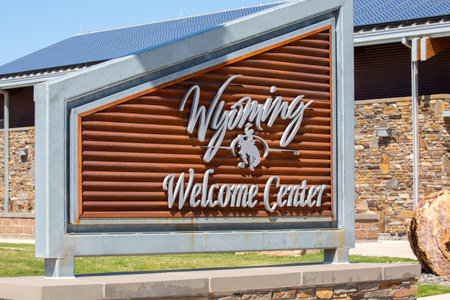 Wyoming welcome center sign when you are coming in on interstate 90, horizontalのeditorial素材