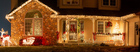 Christmas decorations on a house in Green Bay, Wisconsin, USA on December 19, 2020, panoramaのeditorial素材