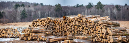 Stacked pile of logs next to a Wisconsin forest in December, panoramic