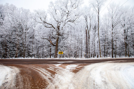 Road sign with arrows going in two directions by a frost covered Wisconsin forest, horizontalの写真素材