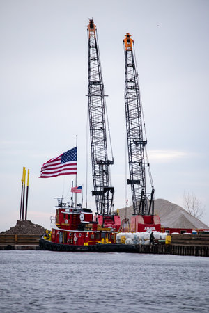 Marinette, Wisconsin, USA, May 1st, 2021 tugboat, Stephen M. Asher owned by Roen Salvage Company is working in the Menominee River on Lake Michigan on the opening day of fishing, verticalのeditorial素材