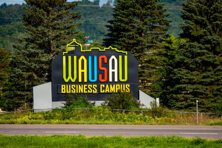 Wausau, Wisconsin, USA, August 14, 2021: Wausau Business Campus sign next to highway 29, horizontalのeditorial素材