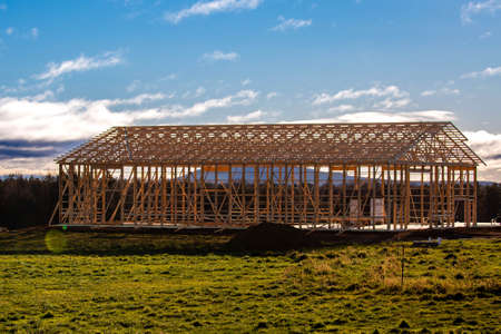 New wood frame construction of a small barn, horizontalの写真素材