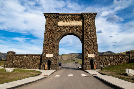 Gardiner, Montana, USA, May 5th, 2021 The Historic Roosevelt Arch in Montana at the North Entrance of Yellowstone National Park, horizontalのeditorial素材