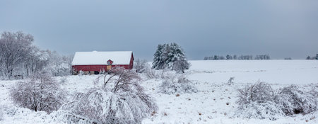 Red barn after a Wisconsin snow storm in December, panoramaの写真素材