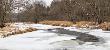 Big Rib River partially frozen in central Wisconsin, Panorama