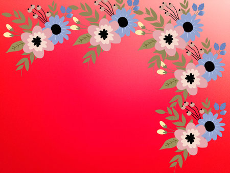Greeting card, red background with flower border, there is an empty space. Illustration.の写真素材