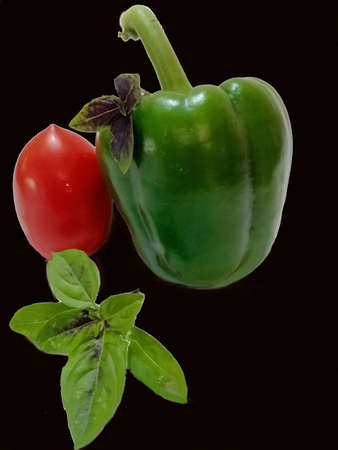 On a black isolated background, a close-up of sweet green pepper, red tomato and basill sprigs.の写真素材