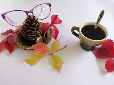 Top view, set of items, glasses, coffee, autumn leaves, fir cone, on a white background.