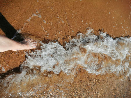 The sea shore, the incoming foam wave, the foot of a woman walking on the sand.の写真素材