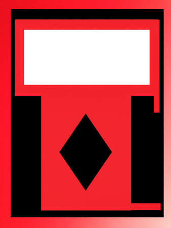 On a black and red background, a white text frame, arbitrary geometric elements, an inswrt in the form of a black diamond.の写真素材