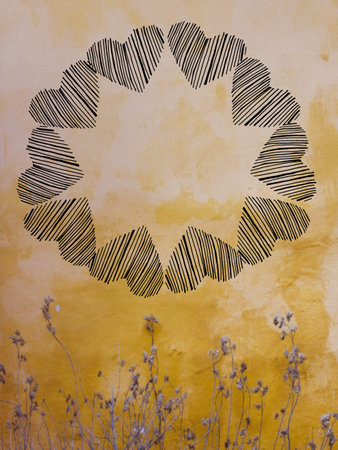 Grunge black and white floral frame on yellow wall background.