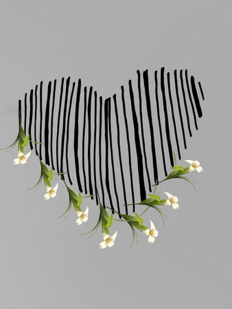 Valentine's day background with white flowers and black stripes.の写真素材