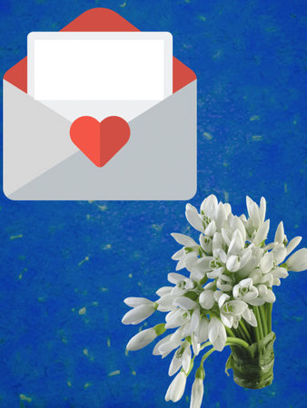Envelope and bouquet of snowdrops on a blue backgroundの写真素材