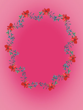Floral wreath with red flowers on pink background. vector illustration.の写真素材