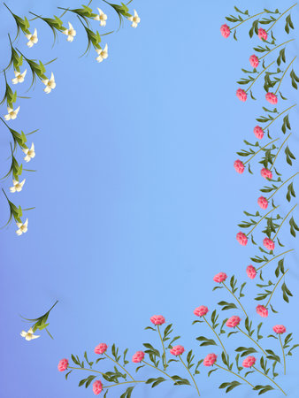 flowers composition. Frame made of flowers on blue background. Flat lay, top view, copy spaceの写真素材