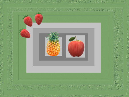 Fruit frame with apple, pineapple and strawberry on green background.の写真素材