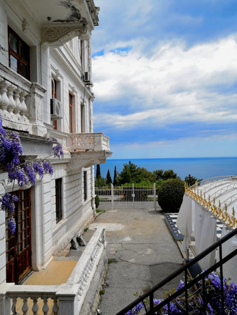 View of the beautiful villa on the background of the sea.