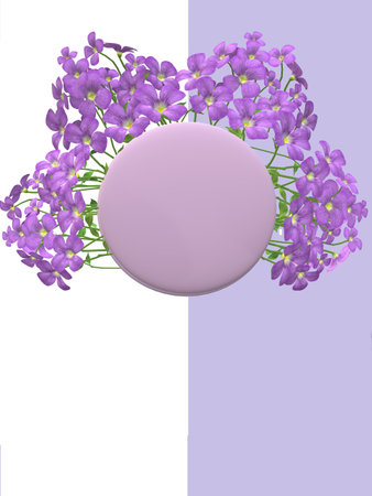 Illustration of a round frame with purple flowers on a white backgroundの写真素材