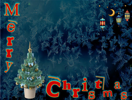 christmas card with a christmas tree on the background of winter landscapeの写真素材