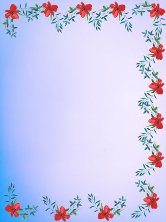 floral frame on blue background with copy space for text or imageの写真素材