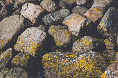 huge stones on the seashore covered with algae and moss in springの写真素材