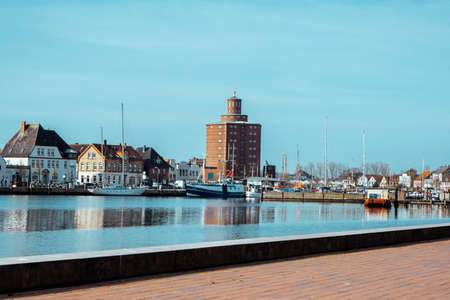 the coast of an old European city and a brick walkway in the morningのeditorial素材
