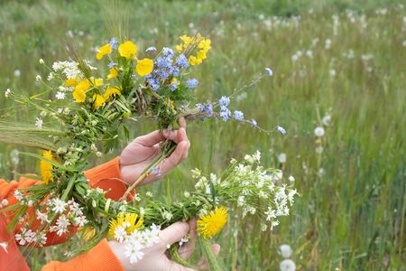 young girl weaves a wreath of meadow flowers on the fieldの写真素材