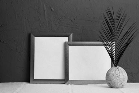 black and white photo, fern in an old vase, two gray photo frames on a blue background on the table
