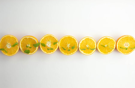 line of fresh sliced oranges on white backgroundの写真素材