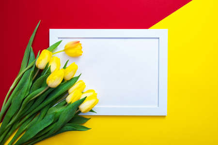 red and yellow background, white frame with white background and yellow tulips, on the left side