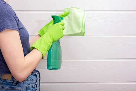 woman in gloves holds detergent and cleaning rag in the bathroom