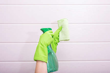 woman in gloves holds detergent and a rag for cleaning in the bathroom, on a white background