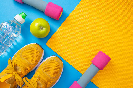 yellow sneakers and yellow mat, dumbbells, apple and water, blue backgroundの写真素材