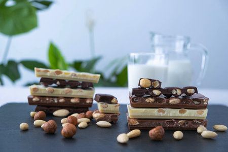 broken bars of black, white and milk chocolate with nuts, a jug of milk and sprinkled nuts on a black backgroundの写真素材