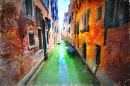 A view of the canal , boats and buildings in Veniceの写真素材