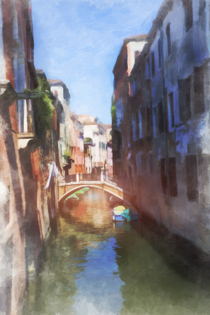 A view of the canal , boats and buildings in Venice, digital watercolorの写真素材