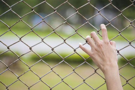 Hands holding on chain link fenceの写真素材