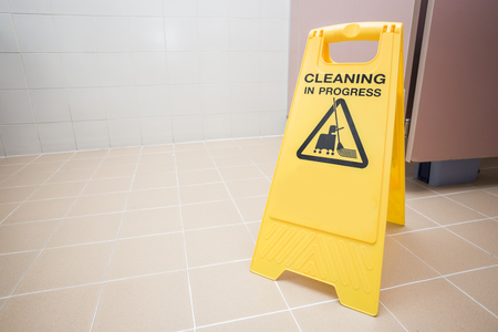 cleaning progress caution sign in toiletの写真素材