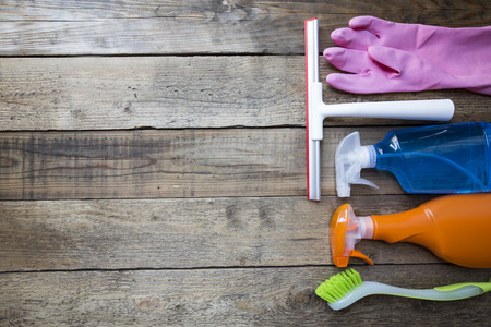 House cleaning product on wood tableの写真素材