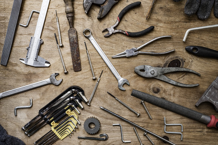 Old tools on a wooden table