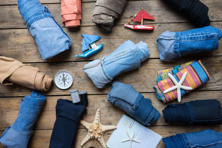 travel planning on wooden backgroundの写真素材