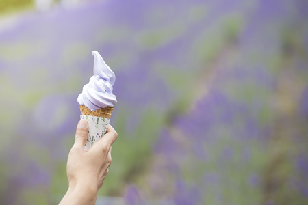 Hand holding ice cream with lavender filed backgroundの写真素材