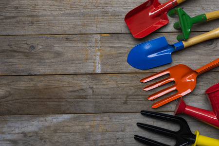 Gardening tools on wood tableの写真素材