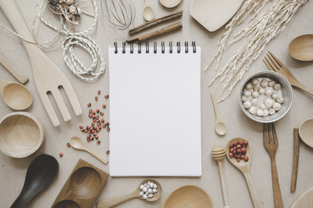 Food ingredients ,kitchen utensils and notebook for cooking, retro filter effectの写真素材