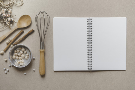 Food ingredients , kitchen utensils and notebook for cooking, retro filter effectの写真素材