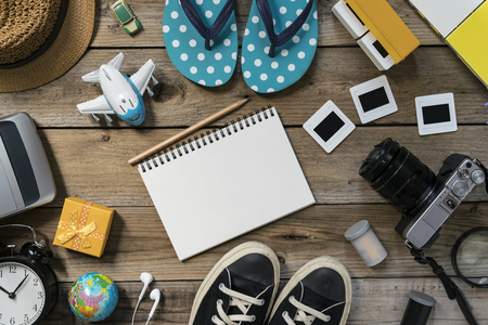 travel planning on wooden backgroundの写真素材