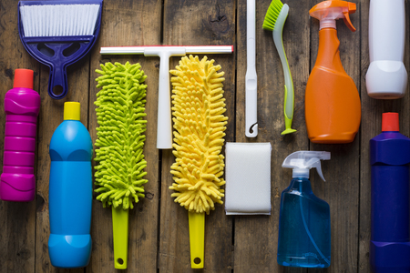 House cleaning product on wood tableの写真素材