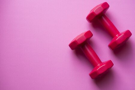 dumbbell and yoga background, top viewの写真素材