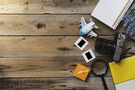 travel planning on wooden backgroundの写真素材
